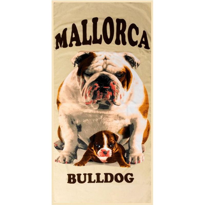Pludmales dvielis 72x146 liels Monica 22 Maljorkas suns Bulldog bēšs mikrošķiedras 270g/m2 peldbuldogs