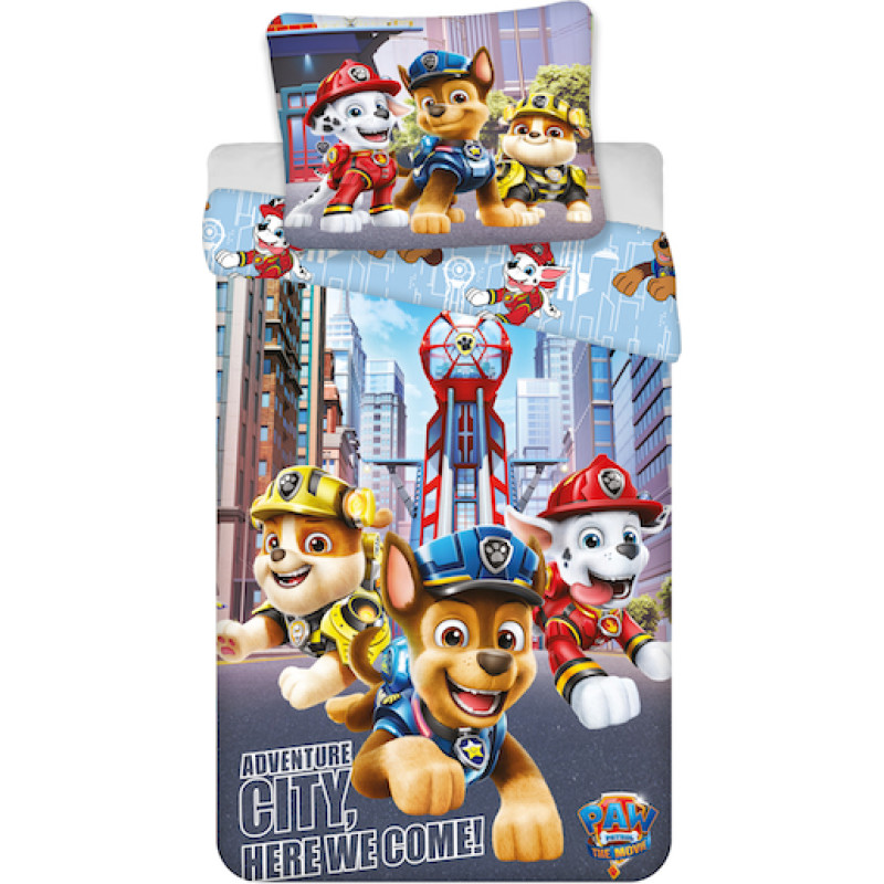 Bērnu gultas veļa 140x200 Paw Patrol Paw Rocky Rubble Marshall blue city 4756 spilvendrāna 70x90 suņiem