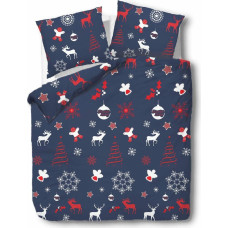 Flaneļa gultasveļa 140x200 Ziemassvētki 31481/2 tumši zils sarkans balts baubles ziemeļbriežu sniegpārslas