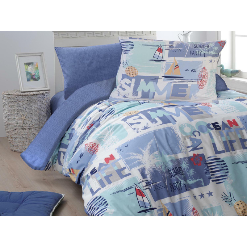 Kokvilnas gultas veļa 140x200 Vasaras ballīte zila jauniešu palma ananāsi kuģi Cottonlove Exclusive 4