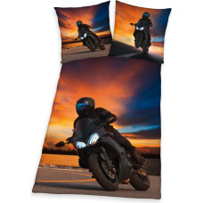 Kokvilnas gultas veļa 140x200 Moto oranža zila spilvendrāna 70x90 H23