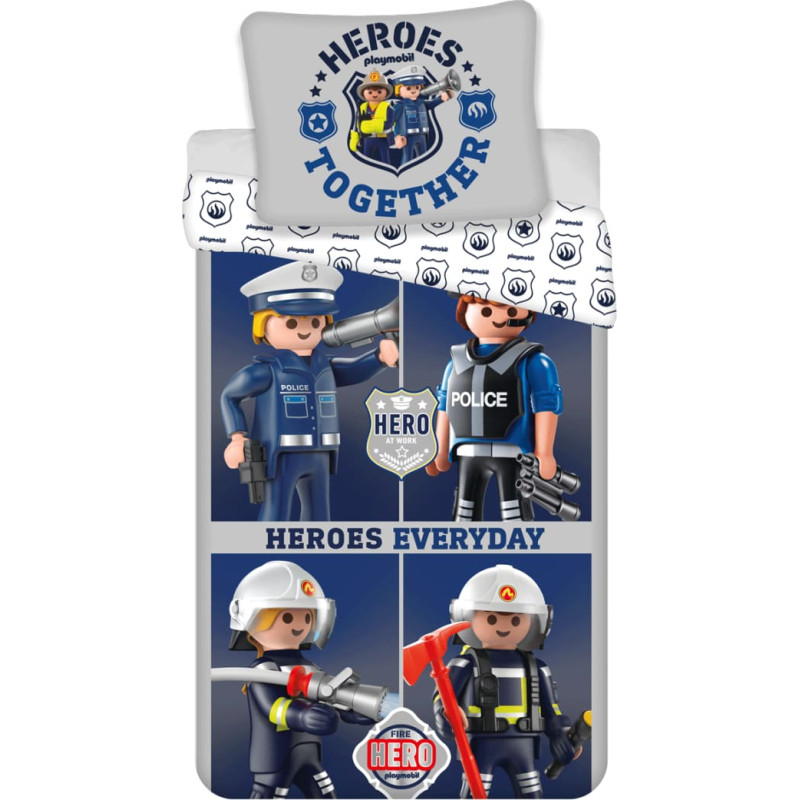 Kokvilnas gultas veļa 140x200 Playmobil PM021 tumši zila pelēka spilvendrāna 70x80 23. augusts