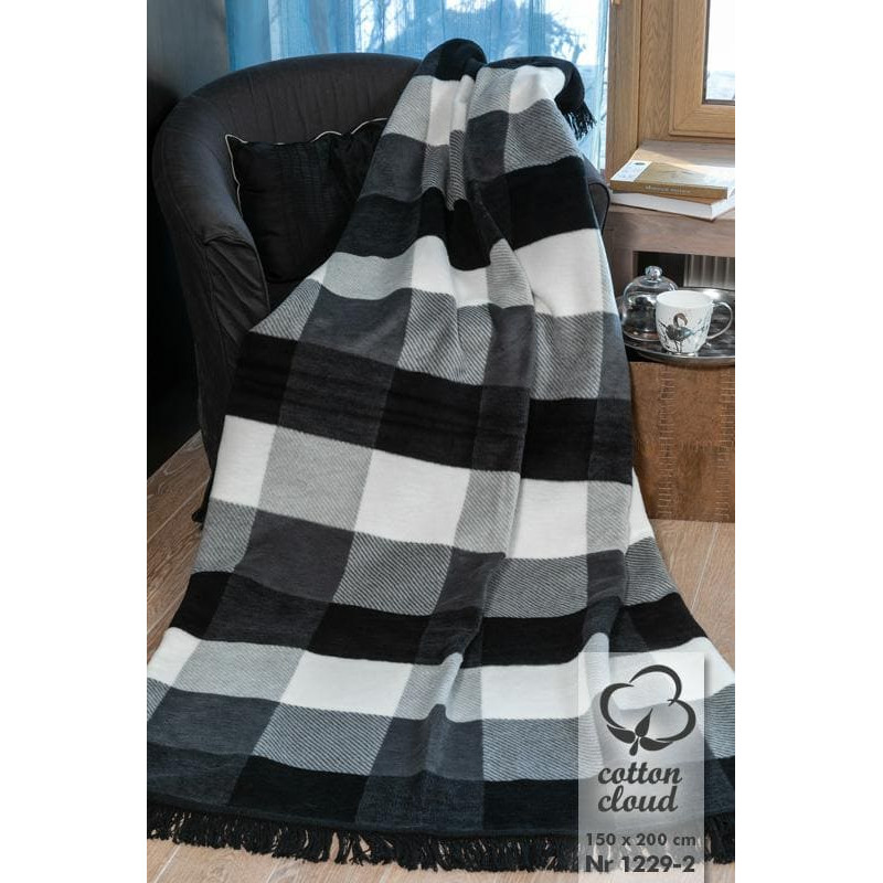 Kokvilnas akrila sega 150x200 1229/2 pleds melns pelēks gultas pārklājs pleds