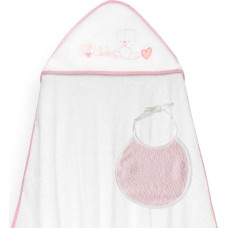 Interbaby Vannas dvielis 100x100 Corazones balts rozā dvielis ar kapuci + priekšautiņš