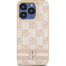 Dkny PU Leather Checkered Pattern and Stripe Case for iPhone 15 Pro Pink