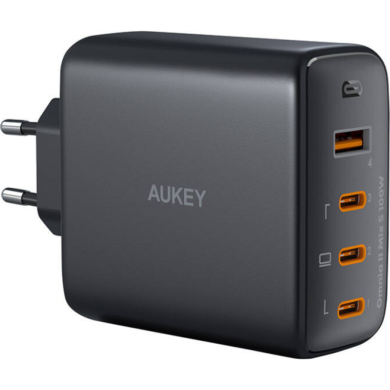 Wall charger Aukey PA-B7S, 1xUSB-A, 3xUSB-C, 100W GaN (black)