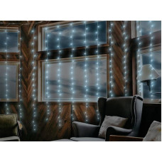 Goodbuy gaismas aizkars 240 x LED, 3x2m |8 funkcijas | tālvadības pults | auksta balta gaisma.