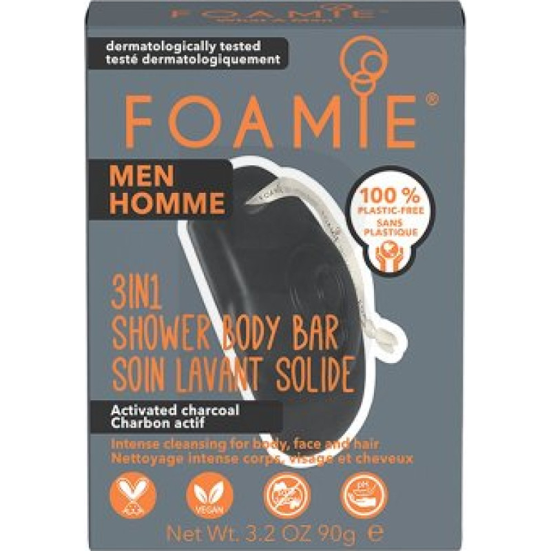 Foamie Men 3in1 dušas bārs ķermenim ar aktivēto kokogli 90 g