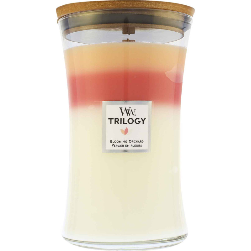Woodwick Trilogy Blooming Orchard scented candle with wooden wick 609 g