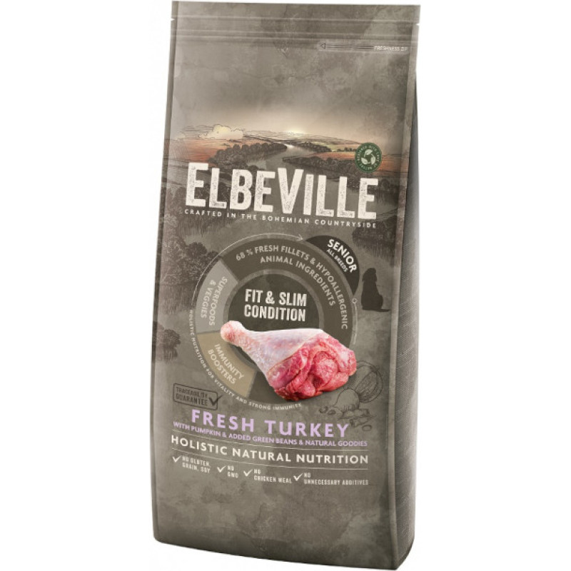 Elbeville Sausa barība suņiem - ELBEVILLE Senior All Breeds Fresh Turkey Fit and Slim Condition 11,4 kg