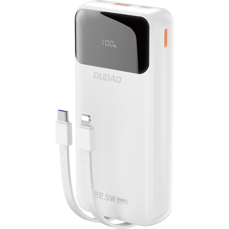 Dudao K15Pro Power Bank 20000mAh 22.5W PD USB-C | USB-A | Built-in Lightning and USB-C Cables - White