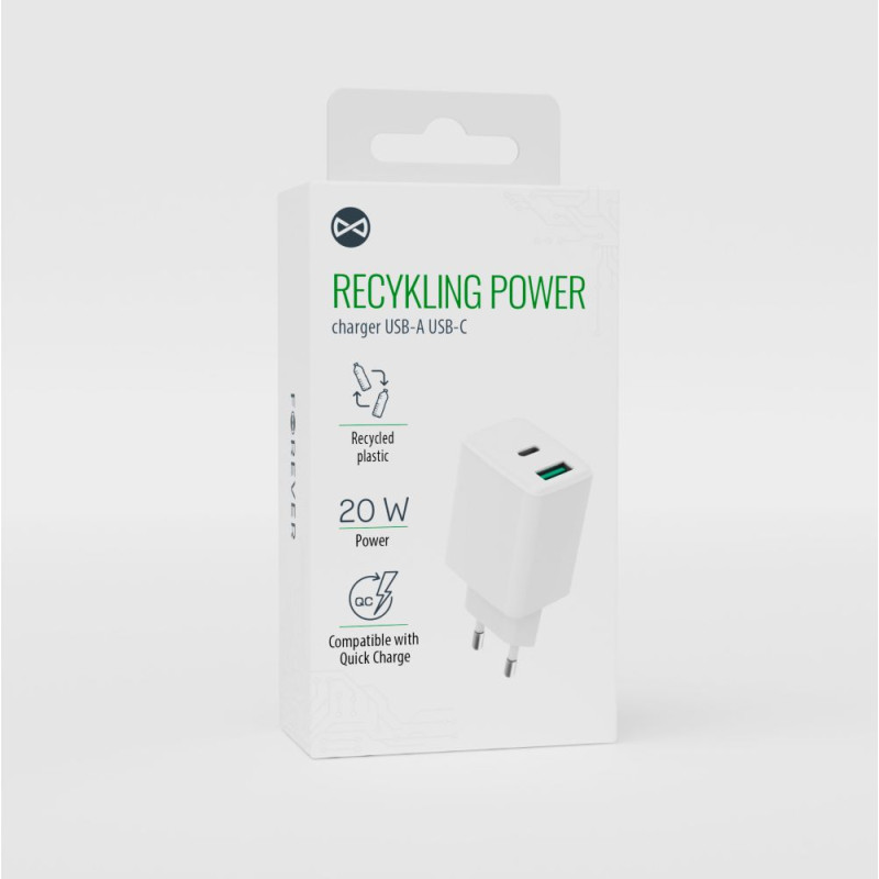 Forever Recycling Forever recycled wall charger USB + USB-C 20W  LSR20-AC-00 white