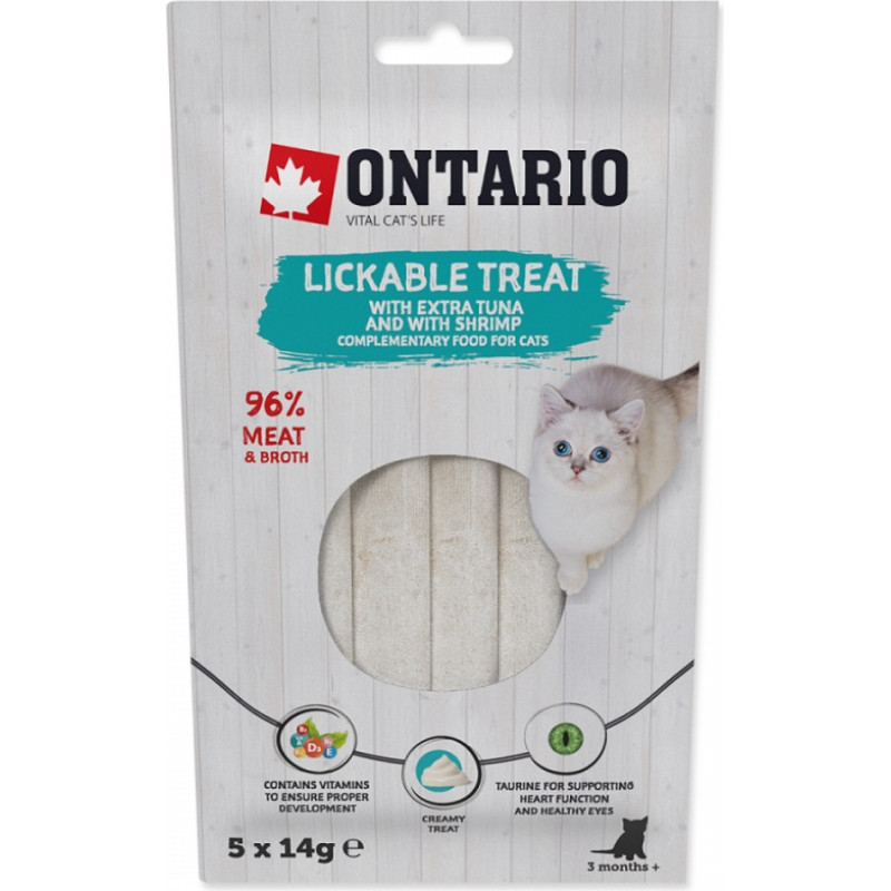 Ontario Gardums kaķiem – Ontario Lickable Treats with Tuna and Shrimp, 5 x 14 g