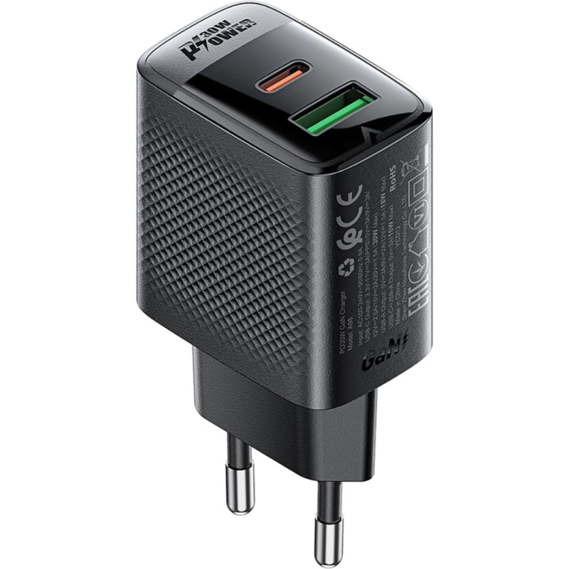 Acefast A98 maiņstrāvas adaptera lādētājs GaN USB-A USB-C PD 30W - melns