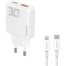 Dudao GaN A30EUL 30&nbsp;W USB-A USB-C sienas lādētājs + USB-C&nbsp;&mdash; zibens kabelis&nbsp;&mdash; balts