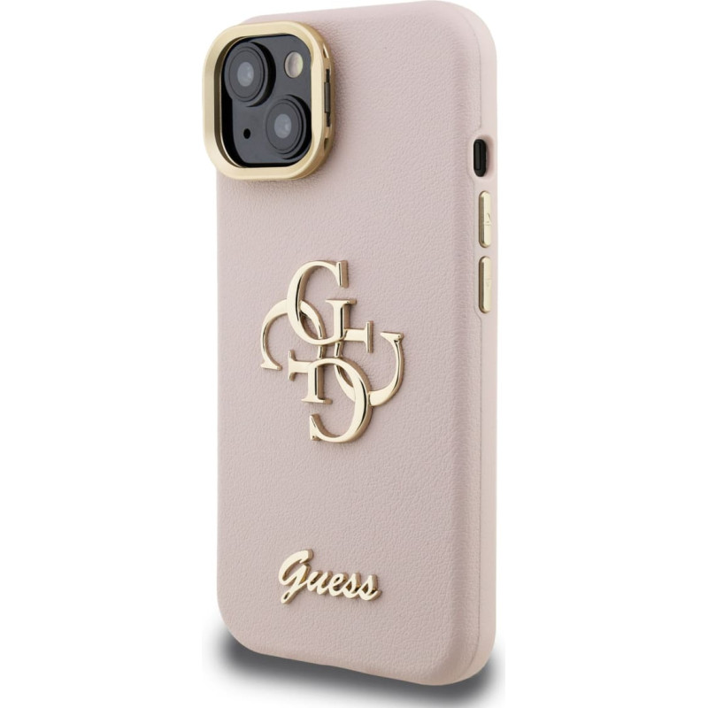 Guess PU Grained 4G Logo Stand Camera Frame Case for iPhone 14 Pink