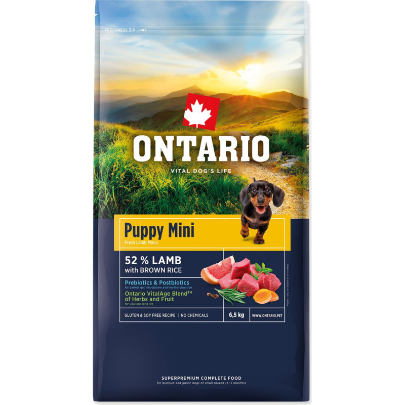 Ontario Barība kucēniem &ndash; Ontario Dog Puppy Mini Lamb & Brown Rice 6,5kg