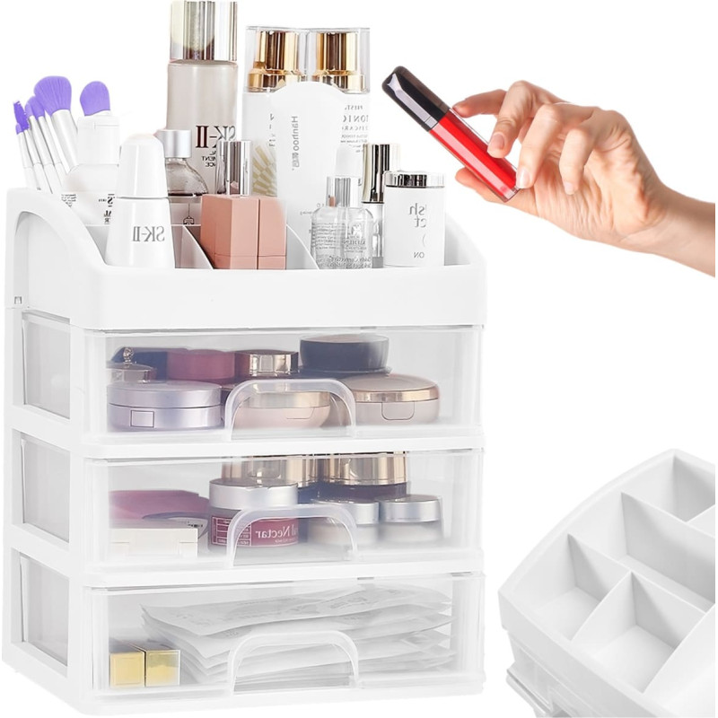 Retoo Vannas istabas organizators kosmētikai un rotaslietām, 3 atvilktnes, 6 nodalījumi - balts