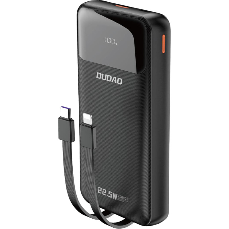 Dudao Powerbank 20000mAh 22.5W PD USB-C USB-A ar iebūvētiem iPhone Lightning USB-C kabeļiem - melns