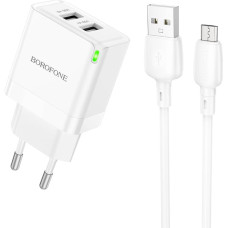 Borofone Sienas lādētājs BN15 Strong - 2xUSB - 2,1A ar USB-Micro USB kabeli, balts (bojāts iepakojums)