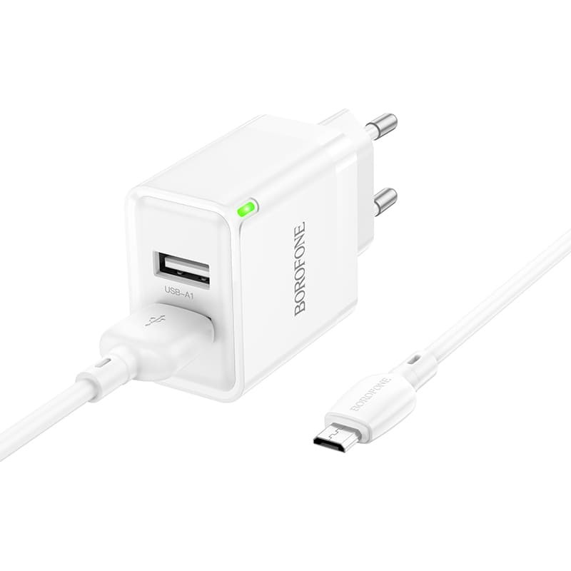Borofone Sienas lādētājs BN15 Strong - 2xUSB - 2,1A ar USB-Micro USB kabeli, balts (bojāts iepakojums)