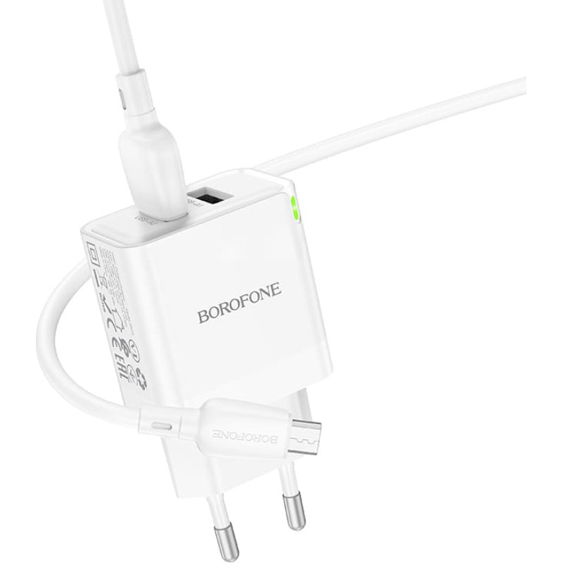 Borofone Sienas lādētājs BN15 Strong - 2xUSB - 2,1A ar USB-Micro USB kabeli, balts (bojāts iepakojums)
