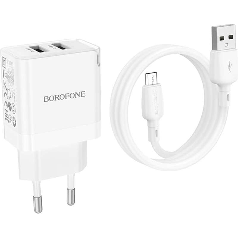 Borofone Sienas lādētājs BN15 Strong - 2xUSB - 2,1A ar USB-Micro USB kabeli, balts (bojāts iepakojums)