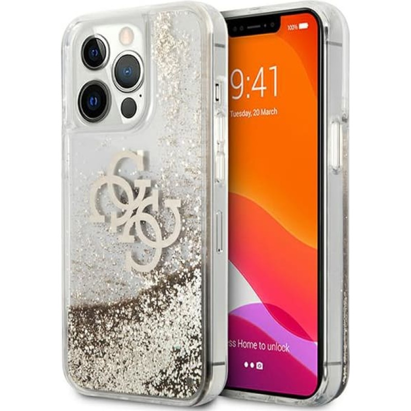 GUHCP13LLG4GGO Guess TPU Big 4G Liquid Glitter Gold Case for iPhone 13 Pro Transparent