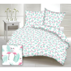 Kokvilnas gultasveļa 160x200 1659E balti flamingo rozā palmu lapas piparmētra