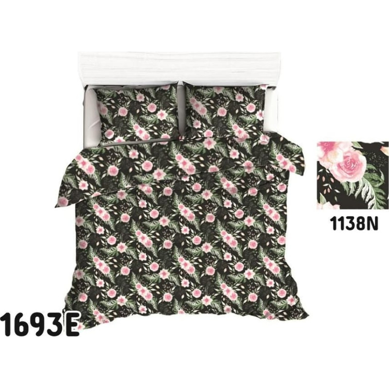 Kokvilnas gultasveļa 140x200 1693E melnas rozes rozā lapas 1136N