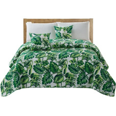 Dekoratīvs gultas pārklājs 240x260 balts monstera palmu lapas stepēts Palms
