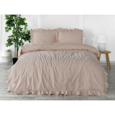 Kokvilnas gultas veļa 160x200 pūderrozā ar vienkrāsainu volānu kastītē Stonewashed Camelio Roses