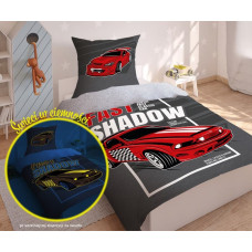 Tumsā kvēlojošs gultas veļa 140x200 Sarkanas automašīnas auto automašīnas Formula Fast Shadow 3343 A 7068 Fluo