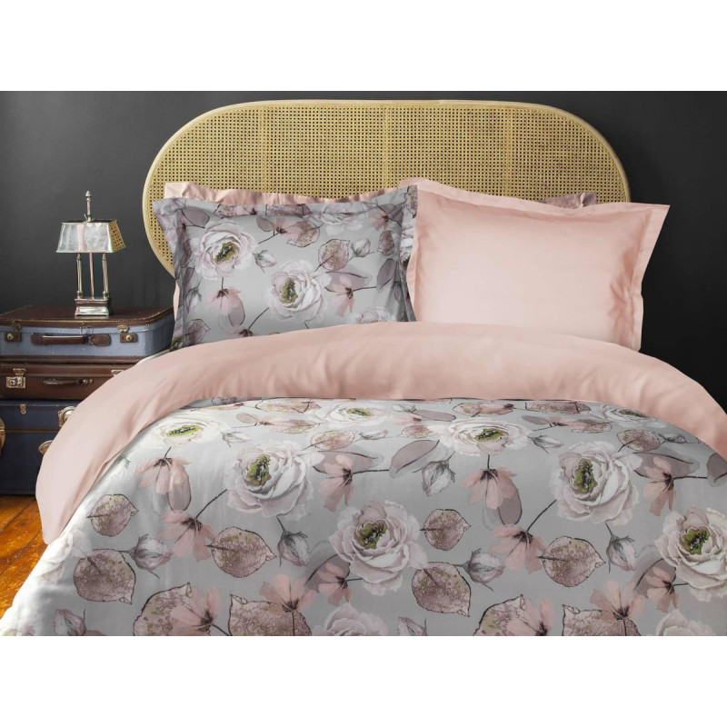 Satīna gultasveļa 220x200 Erde kastītē ziedi rozes pelēks rozā pulveris divpusējs Luxury Premium