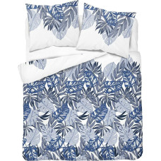 Kokvilnas gultas veļa 220x200 balta tumši zila lapas 3658 B Kokvilna 5