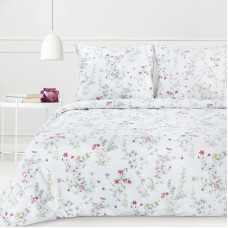 Kokvilnas gultasveļa 140x200 Sara 32 balta ar krāsainiem ziediem