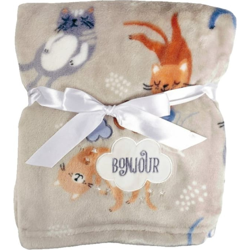 Bērnu sega 75x100 Ricco, bēša, krāsaini mikrošķiedras kaķi ar izšuvumu un mākoņa aplikāciju