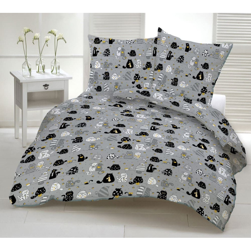 Kokvilnas gultasveļa 140x200 1238E pelēki kaķi peļu sirdis dzeltenas kaklasaites 17b