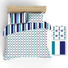 Kokvilnas gultasveļa 140x200 R098 baltas svītras zilas laternas stūres 204D 206D