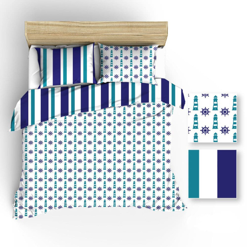 Kokvilnas gultasveļa 140x200 R098 baltas svītras zilas laternas stūres 204D 206D