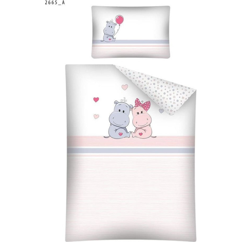 Kokvilnas gultas veļa 100x135 2665 Nīlzirga punktveida sirdis balta rozā violeta abpusēja