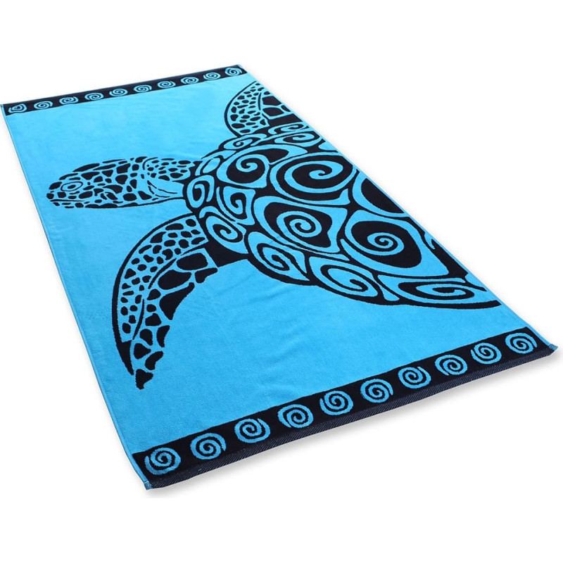 Decoking Pludmales dvielis 90x180 Turquoiseturtle 0470 Tirkīza bruņurupuča spirāles tum&scaron;i zilas svītras