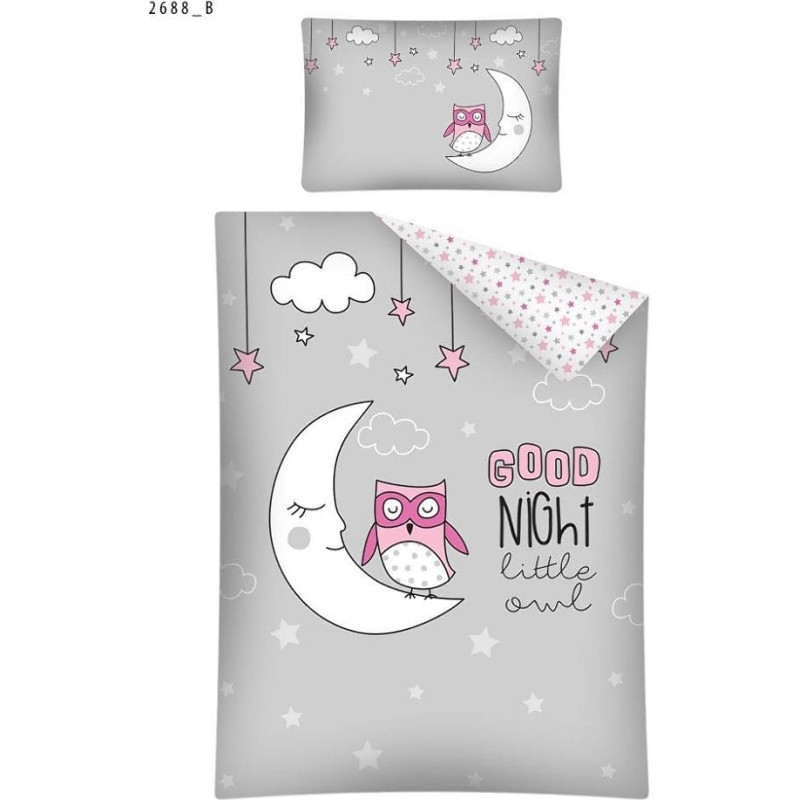 Kokvilnas gultasveļa 100x135 Good Night 8433 Pūces mēness zvaigznes pelēks rozā balts