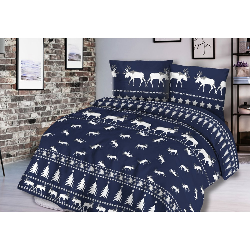 Flaneļa gultasveļa 160x200 31452/1 tumši zils Ziemassvētku ziemeļbriedis