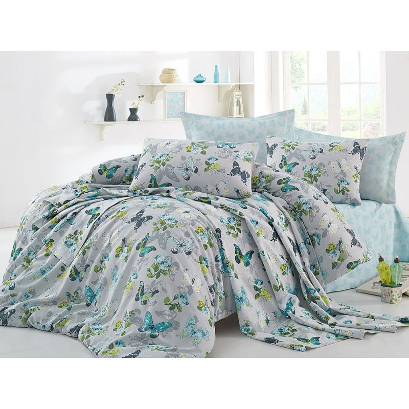 Tuva Gultas veļa 200x220 Lilly zila pelēka 2 spilvendrānas 50x70 2 spilvendrānas 70x80 palags 240x260 Cotton Life