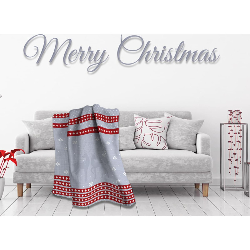 Akrila kokvilnas sega 150x200 17413 B Ziemassvētku Priecīgus Ziemassvētkus ziemeļbrieži sniegpārslas pelēki sarkanas