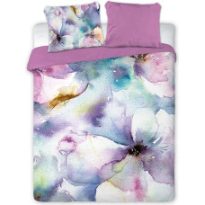 Satīna gultas veļa 220x200 Aquarell krāsoti ziedi purpursarkani abpusēji 004