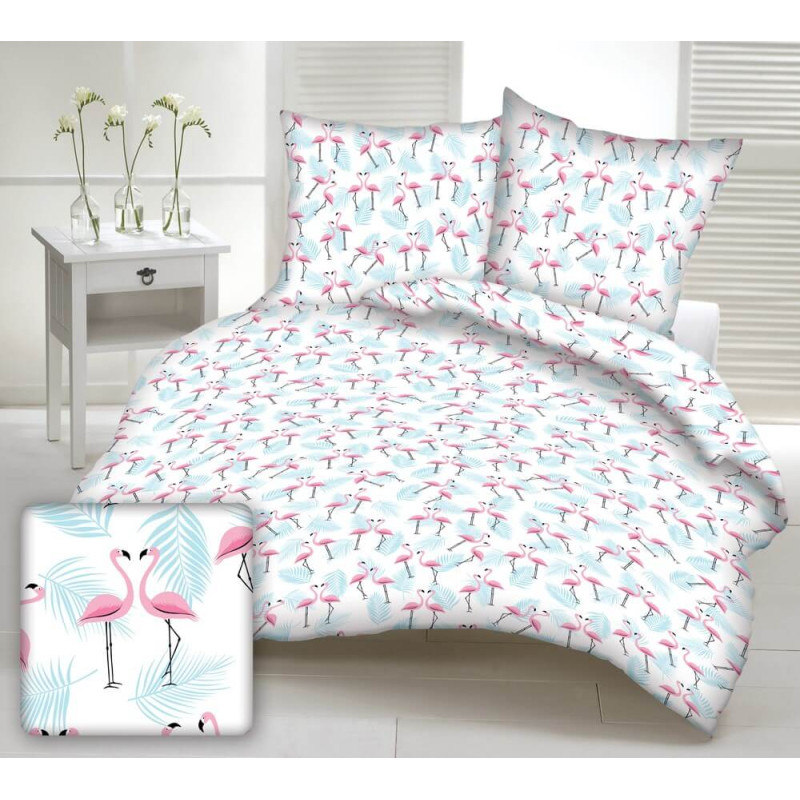 Kokvilnas gultasveļa 140x200 1657E balti flamingo rozā zilas palmu lapas