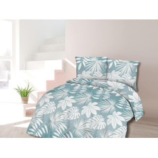 Kokvilnas gultasveļa 140x200 monstera lapas tirkīza balta 71412/1 Cottonlove