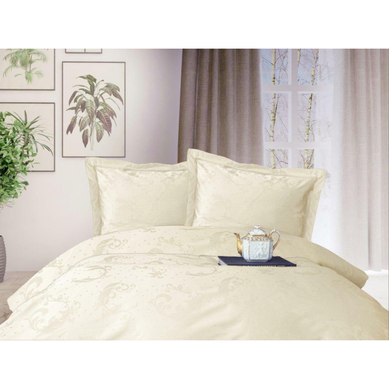 Satīna gultas veļa 220x200 Luxury Premium Beluga Ecru ekri rokkoko žakarda ar dekoratīvu sloksni
